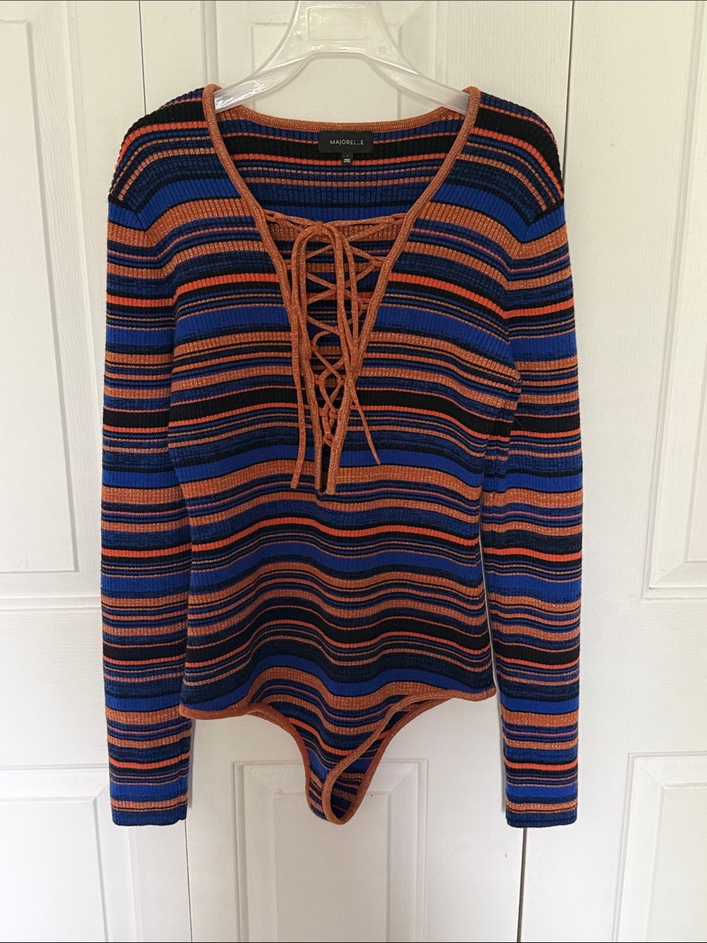 MAJORELLE Sz L Striped Lace-Up Ribbed Bodysuit GUC B39